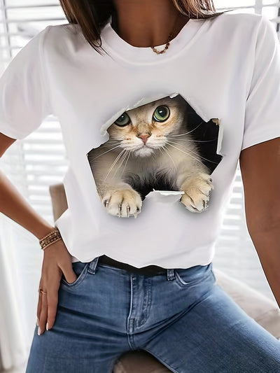 Stay stylish this summer in this Cute Cat Design Print T-shirt. The casual crew neck and short sleeve style adds a comfortable and fashionable touch to your wardrobe, perfect for everyday wear. Crafted with soft material for a reliable fit, this classic piece of women's apparel is sure to keep you looking your best.