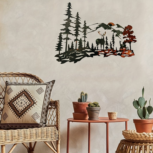 This metal wall art sculpture captures a rustic scene of a majestic elk among a forest of pine trees. Handcrafted with painted details for a vintage look, this piece is perfect for indoor and outdoor spaces. Bring a touch of sophistication to your home décor with this timeless elk and forest metal wall art.