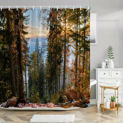 Transform Your Bathroom with a Stunning Forest Scenery: Water-Resistant Shower Curtain with Hooks - Premium Bathroom Decorative Curtain