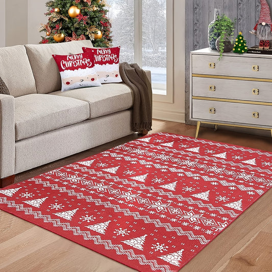 This Boho Chic Christmas rug will make a stylish and festive addition to your home decor. Featuring a tree and snowflake design, it is perfect for use in a kitchen, bathroom, or entryway. The rug measures 47x63 inches and is made of a durable polyester material.
