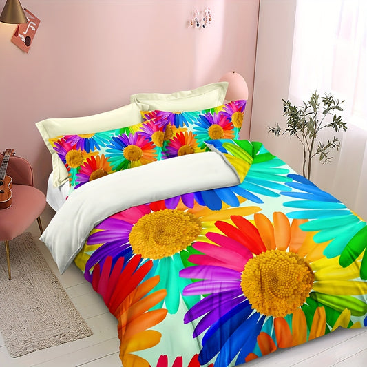 Vibrant Rainbow Daisy Print Duvet Cover Set: Luxuriously Soft and Stylish Bedding for Bedroom and Guest Room(1*Duvet Cover + 2*Pillowcases, Without Core)