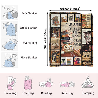 Cuddle Up with a Cozy Cartoon Cat and Book Print Flannel Blanket - Perfect for Bed, Couch, or Sofa!
