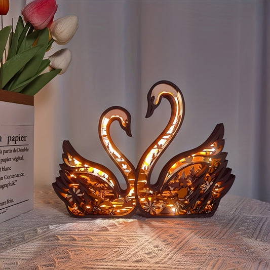 Elevate your home decor with the Enchanting Glow: 3D Wooden Couple Swans Multilayer Carved Ornament. Crafted with precision, this ornamental piece features beautiful swans in a multilayer design and an RGB LED night light to add a charming glow. The perfect gift for any occasion.