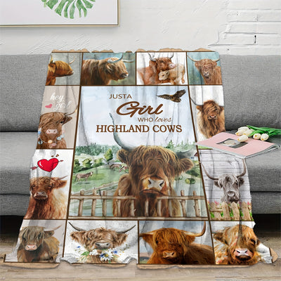 Cozy Scottish Highland Cow Flower Printed Flannel Blanket: Perfect for Couch, Bed, Sofa, Camping, and Traveling