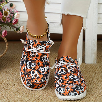 Women's Skull Pattern Canvas Shoes: Lightweight, Low Top Halloween Shoes for Casual and Outdoor Wear