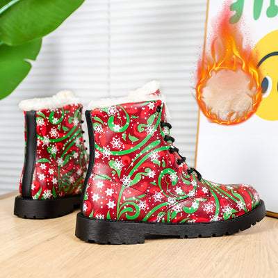 Winter Wonderland: Women's Christmas Elements Pattern Boots - Fashionable Lace-Up Combat Boots