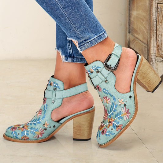 Fierce and Feminine: Women's Embroidered Studded Chunky Heeled Boots - A Stylish Slingback Statement Piece!