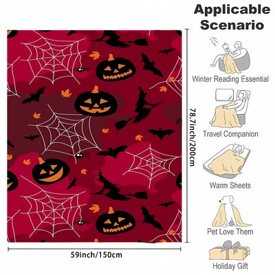 Pumpkin, Bat and Spider Web Print Throw Blanket - Warm and Comfortable Flannel Blanket for Sofa, Bed, Couch, Office - Multi-Purpose Blanket - Perfect Halloween Decor and All-Season Gift