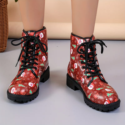 Festive and Fun: Women's Christmas Cartoon Print Ankle Boots - Get into the Holiday Spirit with These All-Match Outdoor Boots!