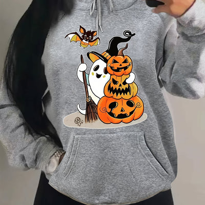 Spooky Plus-Size Delight: Women's Casual Sweatshirt with Pumpkin and Bat Print