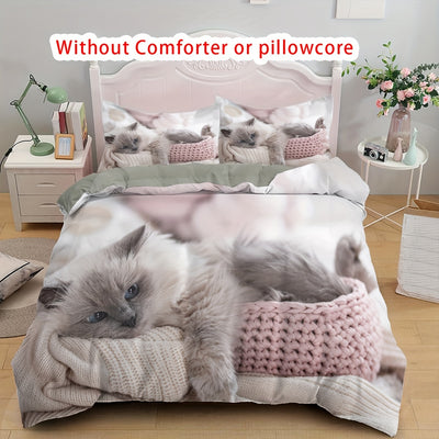 Lovely Pet Cat Print Duvet Cover Set: Adorable Kitten Bedding for Bedroom and Dorm Room