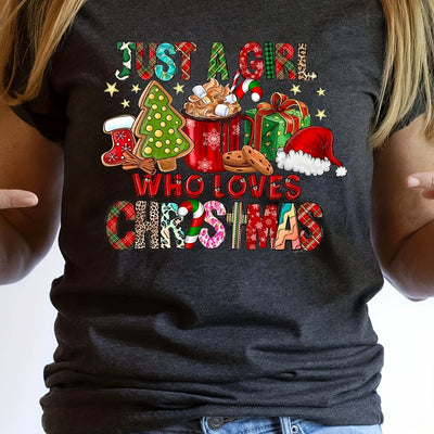 Festive Delight: Christmas Graphic Print Crew Neck T-Shirt - A Casual Short Sleeve Top for Spring/Summer Women's Clothing