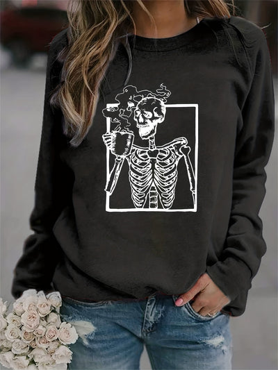 This Halloween Skull Drink Graphic Print Sweatshirt is a great choice for casual wear. Its long sleeved design and crew neck provides comfortable all-day wear. It features a distinctive graphic print sure to make a statement. Perfect for Halloween costume and parties!