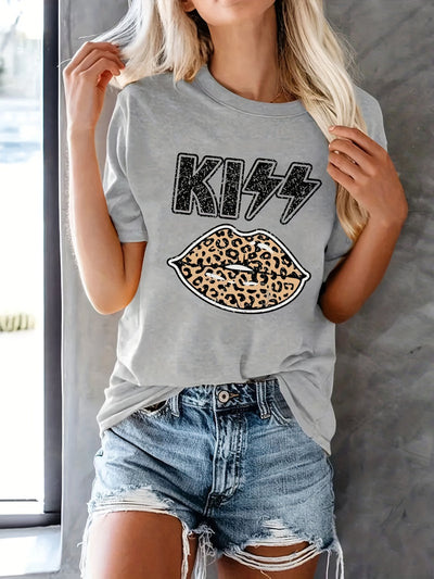 Vintage Leopard Lips Print T-shirt, Retro Short Sleeve Crew Neck T-shirt, Casual Every Day Tops, Women's Clothing