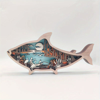 Creative Multi-Layer Woodcarving Animal Display: Fish B Desktop Decoration Craft for Home Décor