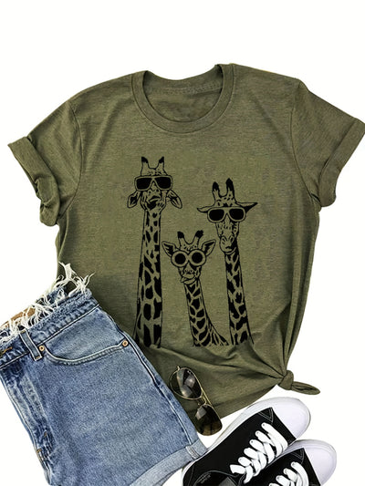 Funny Cartoon Giraffe with Glass Print Crew Neck T-Shirt, Casual Short Sleeve T-Shirt For Spring & Summer, Women's Clothing