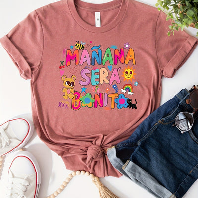 Cartoon & Colorful Letter Print T-Shirt, Short Sleeve Crew Neck Casual Top For Summer & Spring, Women's Clothing