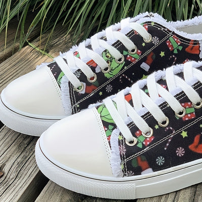 Step into Festive Fun with Women's Elf-Printed Canvas Sneakers: Casual Christmas Flat Shoes