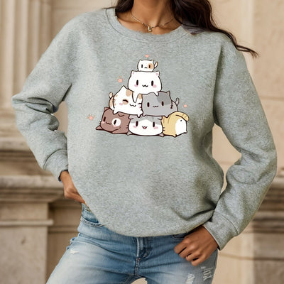 Feline Finesse: Cute Cat Print Sweatshirt - Trendy Long Sleeve Crew Neck for Women