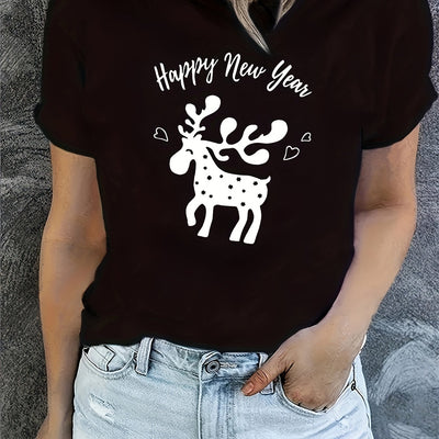Happy New Year Print T-Shirt: Wardrobe Essential for a Stylish Summer & Spring with Women's Casual Tops