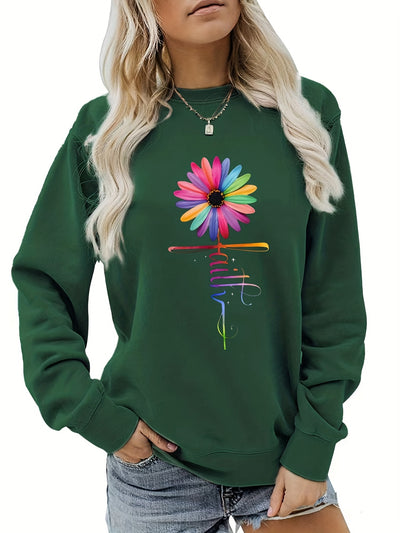 Faith & Colorfull Flower Print Sweatshirt, Casual Long Sleeve Crew Neck Sweatshirt For Fall & Winter, Women's Clothing