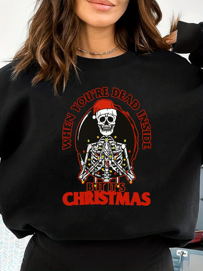 Stylish and Comfy: Women's Plus Size Christmas Casual Sweatshirt with Skull Slogan Print