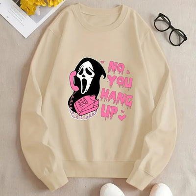 Skull & No You Hang Up Print Pullover Sweatshirt, Casual Long Sleeve Crew Neck Sweatshirt For Fall & Winter, Women's Clothing