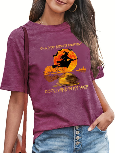 Enchanting Witch Letter Print Crew Neck T-Shirt: Embrace Casual Elegance for Spring and Summer