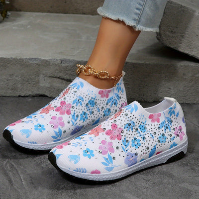 Floral Rhinestone Delight: Women's Stylish Shockproof Running Shoes for Light and Breathable Sports