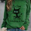 I'm Fine, It's Fine and Cartoon Cat Print Sweatshirt, Long Sleeve Crew Neck Casual Sweatshirt For Winter & Fall, Women's Clothing