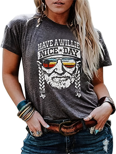 Vintage 'Have a Willie Nice Day' Letter Print Crew Neck T-Shirt, Casual Every Day Tops, Women's Clothing