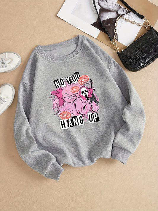 This Festive Fun: No You Hang Up Print Sweatshirt is the perfect long sleeve for fall and winter. It features a menacing yet fun Halloween character print, made from a comfortable cotton-polyester blend. With its combination of warmth, comfort and astuteness, this sweatshirt is ideal for cooler seasonal outings.