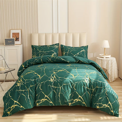 Marble Pattern Duvet Cover Set with Bronzing Fabric - Luxurious Polyester Fiber Bedding Set- Includes 1 Duvet Cover and 2 Pillowcases (No Core)