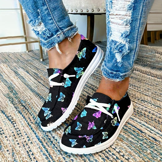 Make a statement with these Colorful Butterfly Print Canvas Shoes designed for women. Crafted with strong canvas material, these stylish and comfortable shoes are perfect for outdoor activities. Their ultra-light design ensures optimum foot support and stability.