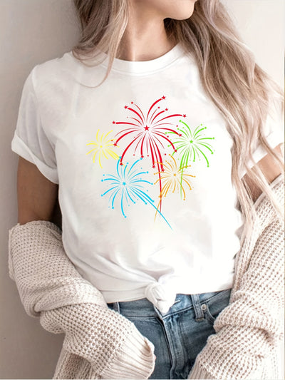 Sparkling Delight: Fireworks Print Crew Neck T-Shirt - Casual Summer Staple for Women's Wardrobe