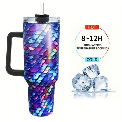 40oz 3D Pattern Large Stainless Steel Water Bottle with Handle and Straw Lid - Perfect for Milk, Tea, and Coffee - Heat Preservation Mug Cup with Handle