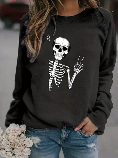 Stylishly Spooky: Halloween Skull Fun Print Sweatshirt - The Perfect Addition to Your Fall Wardrobe!