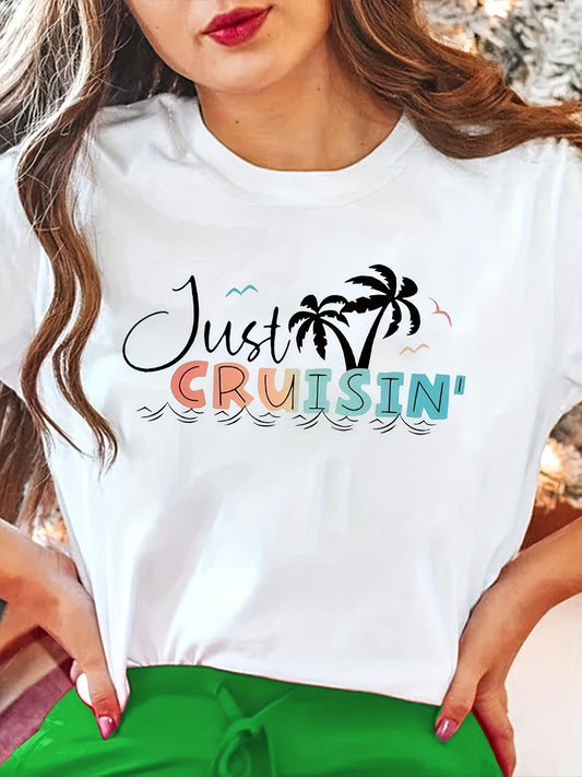 Stay stylish and comfortable this summer with our Just Cruisin Letter Print Tee. Crafted for women, this tee is a must-have essential. Featuring a trendy letter print design, it's perfect for any casual outing. Made with high-quality materials, it guarantees comfort for all-day wear. A summer wardrobe staple for fashion-savvy women.