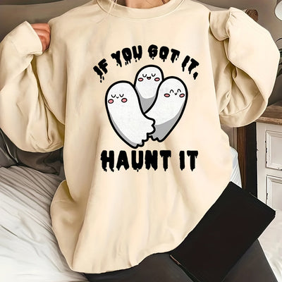 Cute Ghost Print Sweatshirt: Spooktacular Style for Plus-Size Halloween Enthusiasts