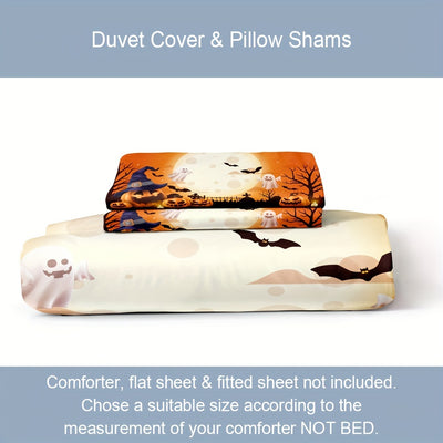 Spooky Halloween-Themed Duvet Cover Set: Pumpkin, Ghost, Moon & Bat Print Bedding Set for a Cozy and Stylish Bedroom(1*Duvet Cover + 2*Pillowcases, Without Core)