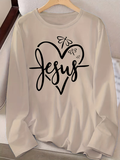 Jesus Heart Print: Women's Casual Long Sleeve Top for Spring/Fall