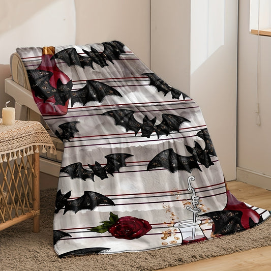 Spooky Cartoon Bat Print Flannel Blanket: Soft and Cozy Throw for All Seasons, Halloween Home Décor and Gift