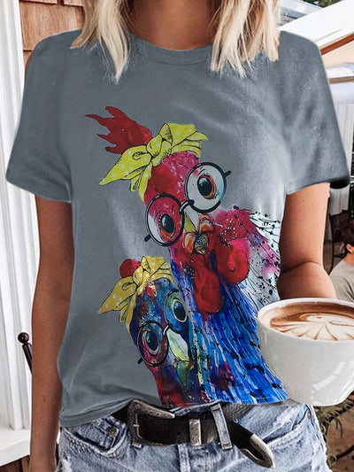 Cartoon Chicken Delight: Women's Casual Short Sleeve T-shirt with Quirky Print for Spring/Summer