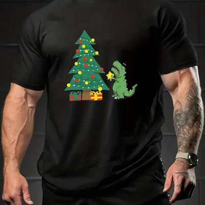 Dino Delight: Men's Trendy Oversized T-Shirt with Christmas Tree Print - A Summer Must-Have for Stylish Males!