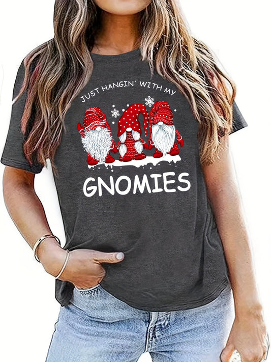 This festive Christmas Gnome Print Tshirt is perfect for the season! Crafted from lightweight jersey fabric with a short sleeve, crew neck design, this casual t-shirt will keep you comfortable and stylish all season long. Up your holiday wardrobe with this timeless staple.