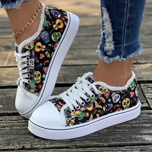 These Women's Halloween Skull Pattern Canvas Sneakers provide a spooky twist on your casual look. The classic low-top, lace-up style is augmented with a unique skull pattern, giving your outfit a touch of the macabre. Perfect for walking and light activities, these flats offer comfort and style to get you through the day.