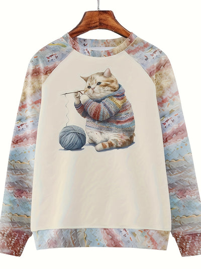 Adorable Feline Frenzy: Women's Cute Cat Print Crew Neck Sweatshirt - Casual, Long Sleeve & Drop Shoulder