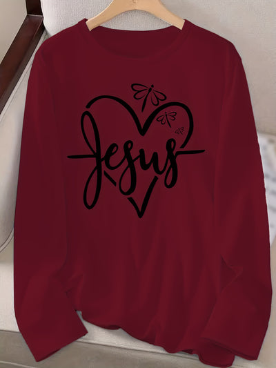 Jesus Heart Print: Women's Casual Long Sleeve Top for Spring/Fall