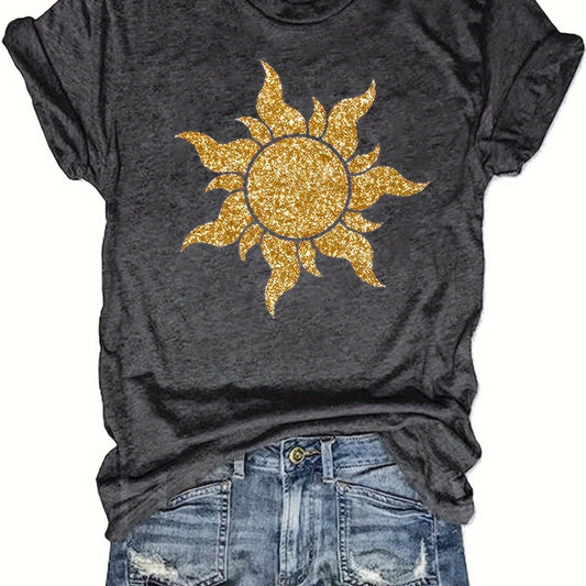 Achieve a relaxed and fashionable look with the Sunny Vibes Women's Spring-Fall Sun Graphic T-Shirt. This crew neck t-shirt boasts a trendy sun graphic and a casual short sleeve design. Made with quality materials, it's the perfect top for any sunny day.