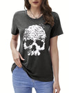 Skull Halloween Pattern T-shirt, Casual Crew Neck Short Sleeve T-shirt, Women's Clothing